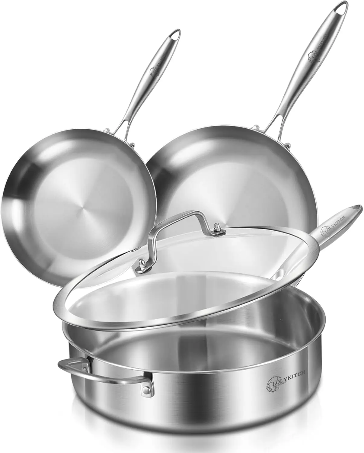 

8-10 Inch Tri-Ply Stainless Steel Fry Pan and 6 QT Sauté Pan Set with Lid, Induction Compatible, Dishwasher & Oven Safe
