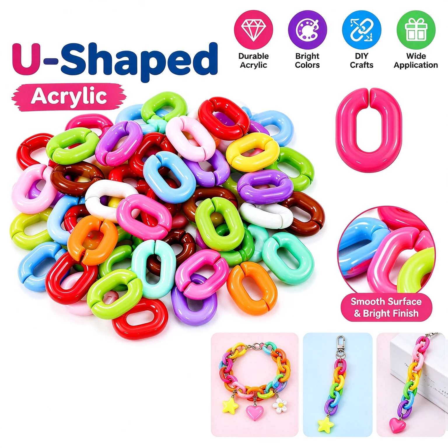14/18/15mm 50/30pcs Acrylic Solid Color U Shaped Chain Beads in Assorted Colors   For DIY Jewelry Necklace and Bracelet Making