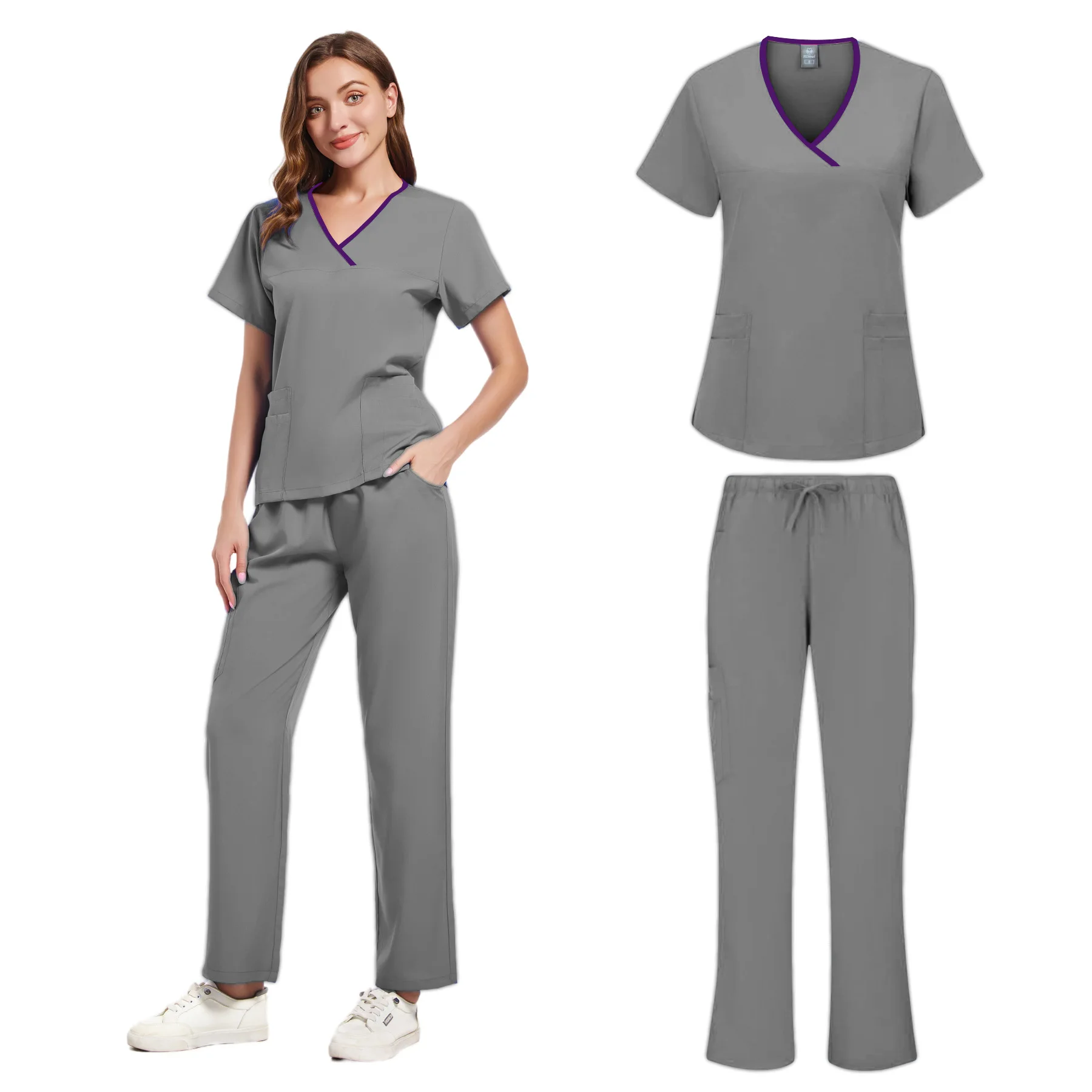 Mulheres fino ajuste esfrega conjuntos uniformes médicos hospital enfermeiras acessórios clínica dentária salão de beleza spa laboratório workwear roupas