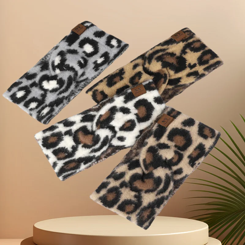 Autumn and winter leopard print knitted cross wide headband for women, vintage versatile headband for going out