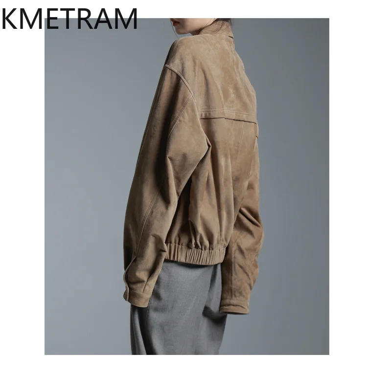 Kurtka damska KMETRAM z naturalnej skóry owczej zamszowej z poduszkami na ramiona, retro, skóra naturalna, odzież, krótki płaszczyk skórzany na jesień 2025, kurtka skórzana