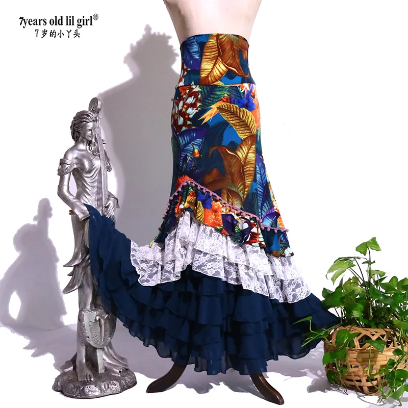 Odzież taneczna z wysokim stanem, wysoce elastyczna spódnica do flamenco, damski kostium taneczny, strój sceniczny GD10