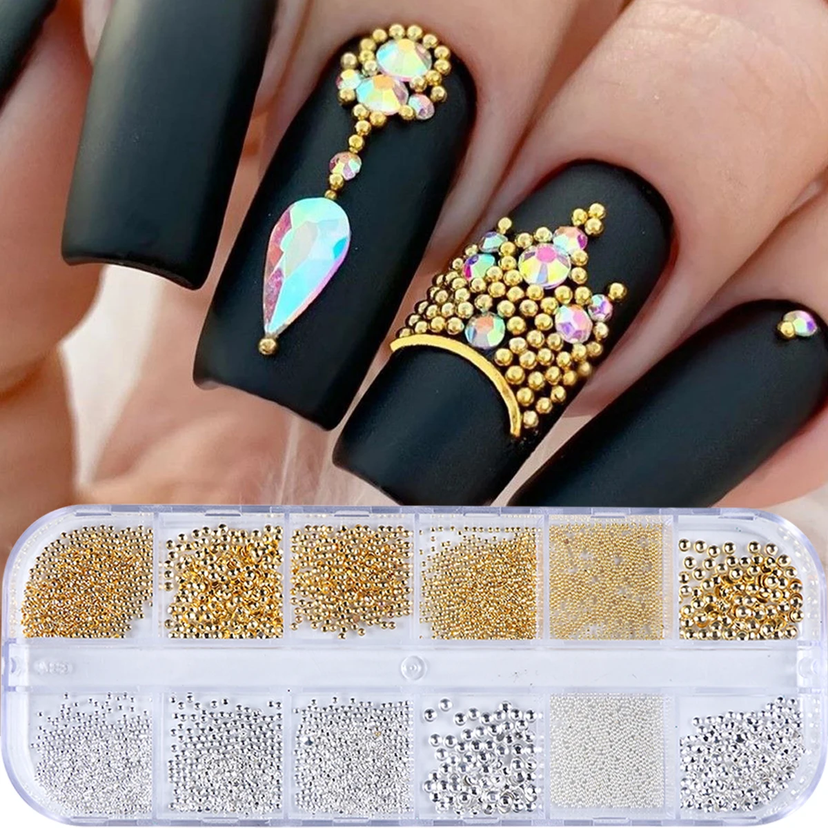 12 Gitter, goldene und silbrige Nagel-Kaviarperle, 3D-Metall-Nagel-Charms, Edelsteine, Nageldekoration, gemischte Größen, runde Stahlkugel-Maniküre-Perlen