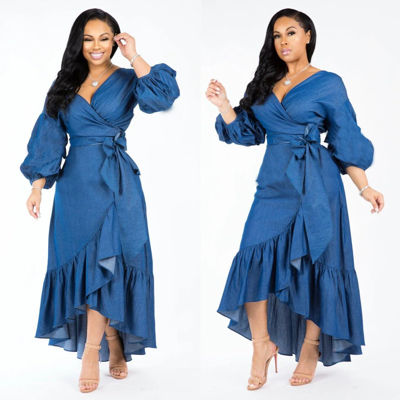 2022 Summer Ruffles Denim Dresses Women 2022 Casual Half Sleeve Loose Maxi Dresses Irregular Short Dress Sundress Vestidos