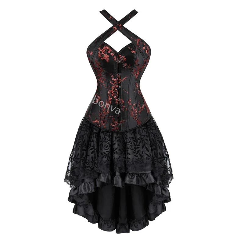 

Corset Dress Women Tutu Skrit Set Halter Lace Costume Party Sexy Burlesque Halloween Ladies Basques Outfit Plus Size Black Red