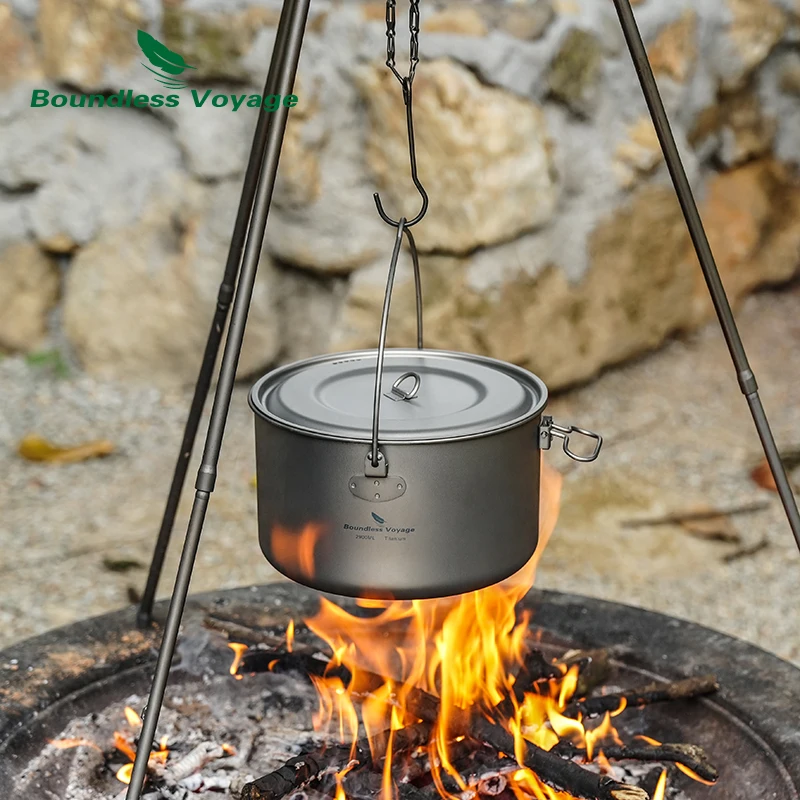 Boundless Voyage Titanium Camping Pot Big Capacity & Leightweight Outdoor Hanging Pot 2900ml 1950ml 1300ml Cooking Pot for Men