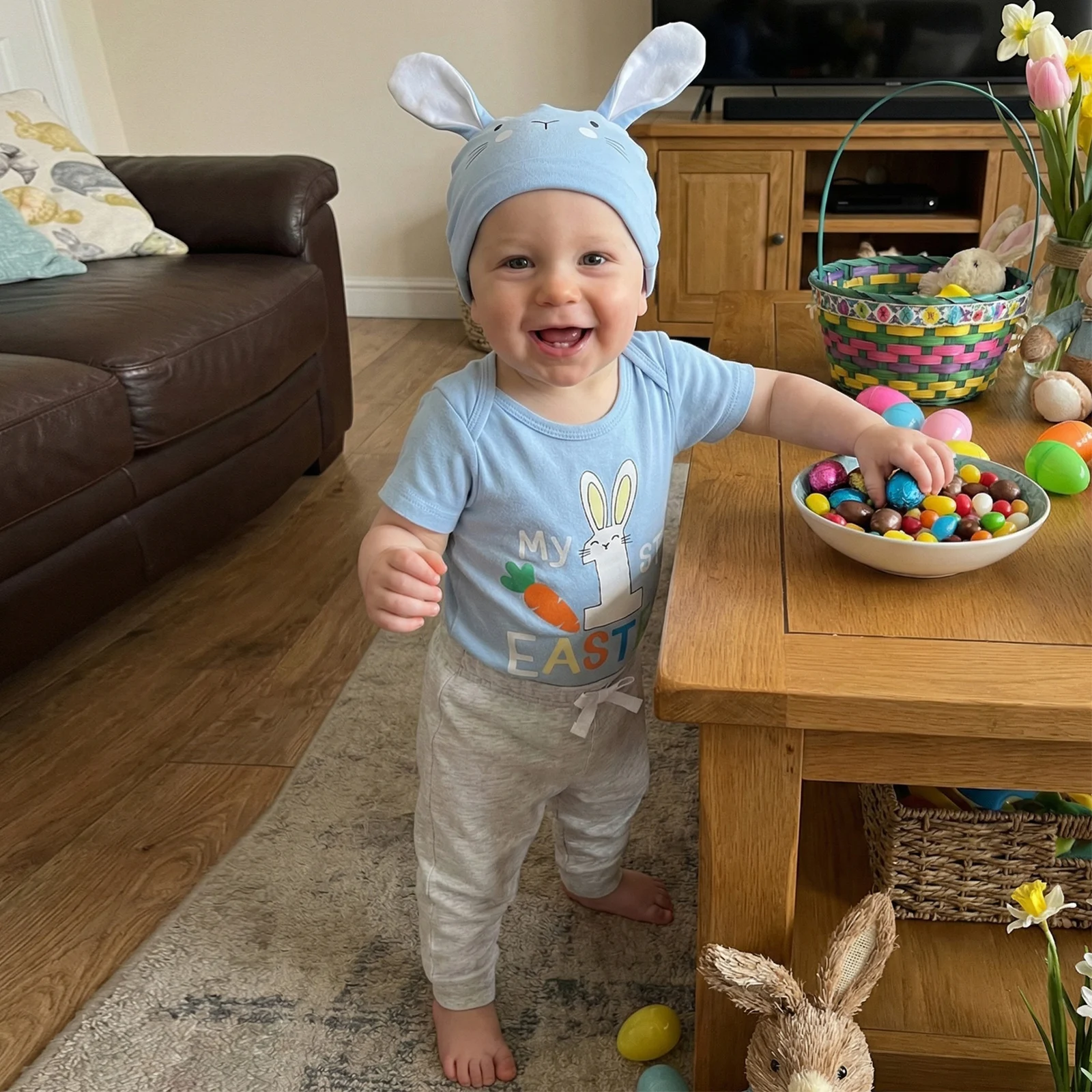 Baby Boys Easter Outfit, Short Sleeve Letters Print Romper with Pants and Bunny Ears Hat Infant Clothes