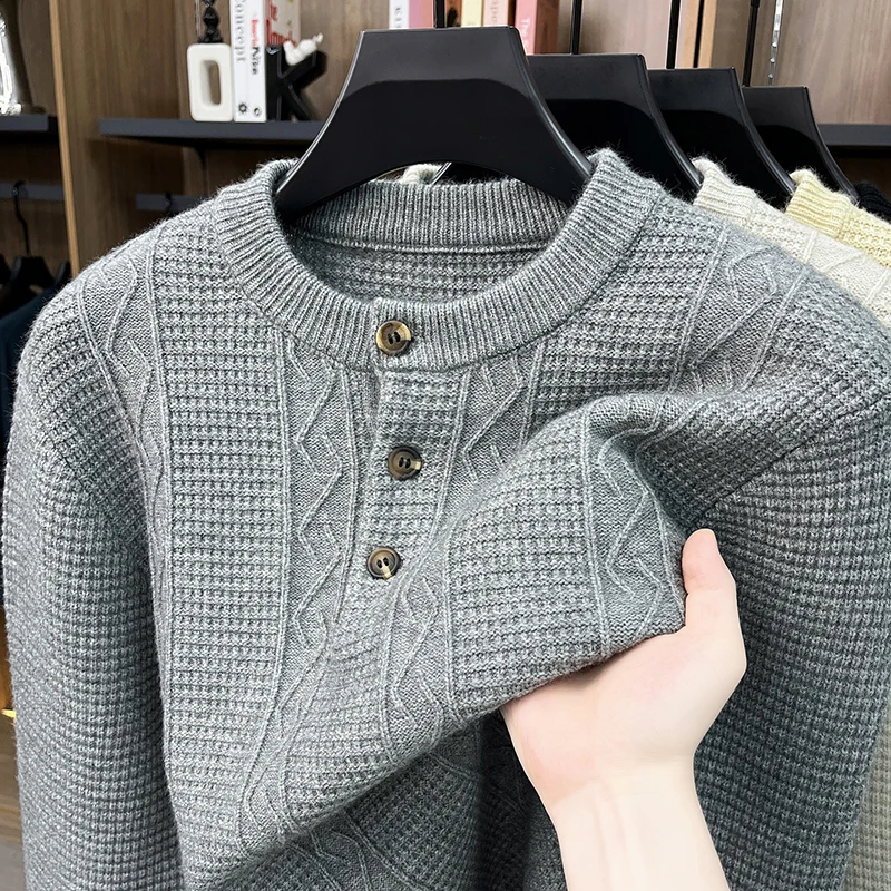 Fashion button knitted round neck sweater men high-quality thickened warm autumn winter comfort personality jacquard pullover