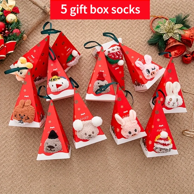 5 pairs winter coral fleece gift BOX socks, colorful rabbit cartoon cute mid-calf socks, birthday gift socks, Christmas socks