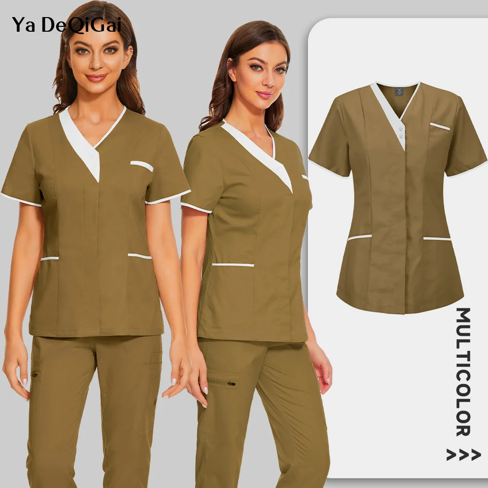 

Summer Short Sleeve Medical Soft Breathable Scrubs Tops Beauty Salon Nursing Lab Uniform Pet Shop Scrub Blouse