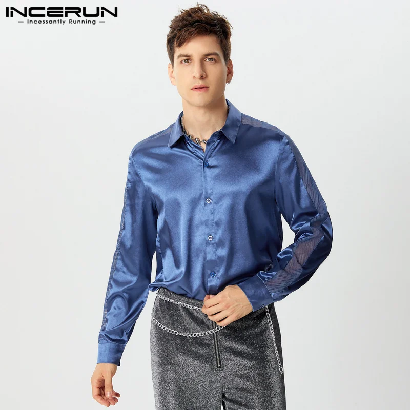 

INCERUN Tops 2024 American Style Fashion Men's Mesh Hollow Splicing Satin Shirts Casual Party Show Hot Sale Long Sleeved Blouse