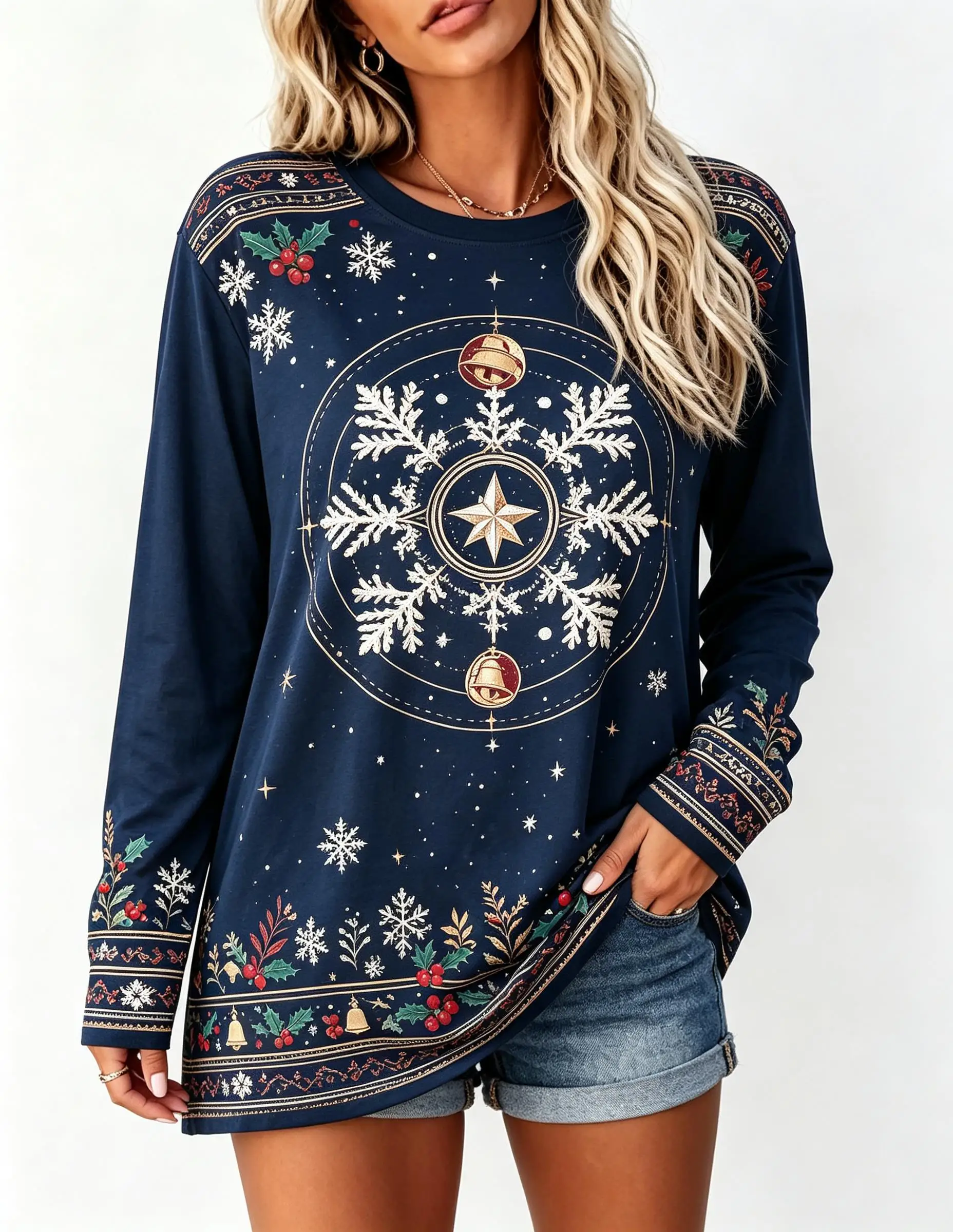 Women Long Sleeve T‑Shirt Boho Solar System Planet Moon Phase Star Print Crew Neck Tunic Loose Tops