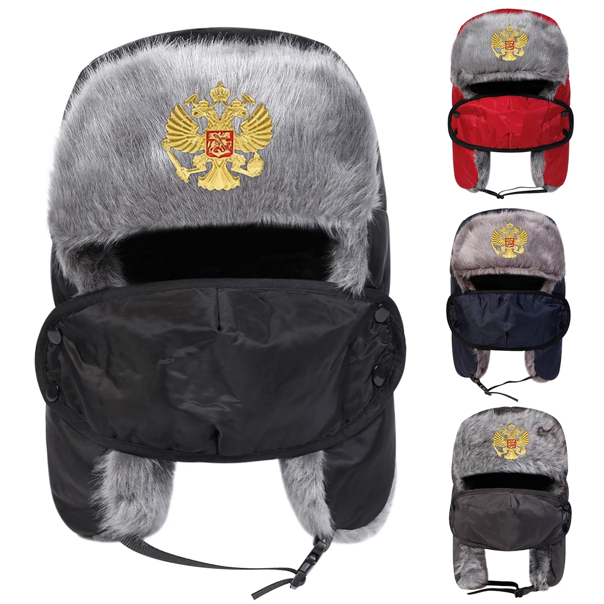 Unisex Double Headed Eagle Badge Lei Feng Hat Winter Earflap Hat Keep Warm Ski Hat Jacket Hat for Outdoor Riding Snow Activities