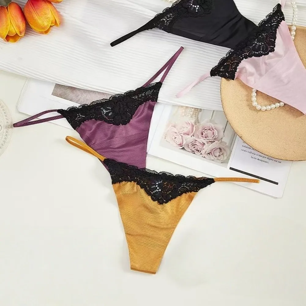 

Cotton Crotch Lace Ice Silk Thong Thin Strap Traceless Bikini Briefs Low Waist Solid Color T-back Panties Ladies Lingerie