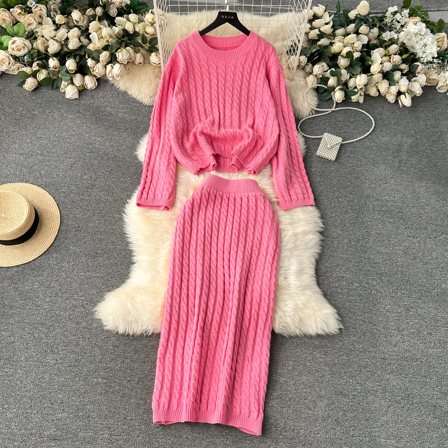 

Autumn Winter Two Piece Skirt Set Fried Dough Twists Sweater With Women's Korean Loose Lazy Knit Top High Waist Hip Wrap Skirt