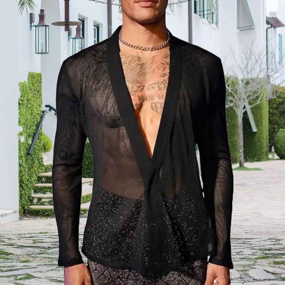 Camisa informal de estilo callejero para hombre, camisa Sexy de malla con cuello en V para discoteca, Top transparente de manga larga con botones para actuación de fiesta muscular