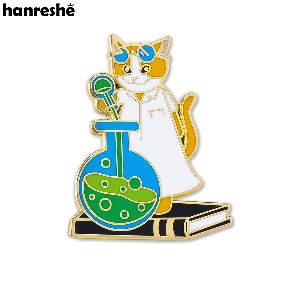 Hanreshe Funny Cat Scientist Enamel Pin Lab Jewelry Lapel Backpack Hat Brooch Badge for Chemist Pharmacist Gifts