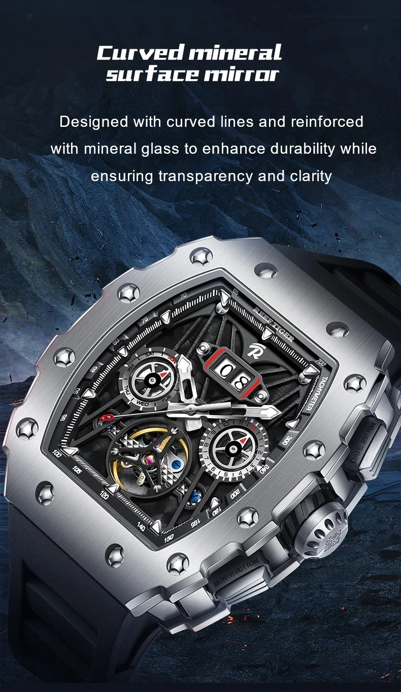 

Мужские автоматические часы Reef Tiger, 42,5 мм, механические наручные часы, корпус Tonneau, светящийся водонепроницаемый циферблат со скелетом, месяц, неделя, дата