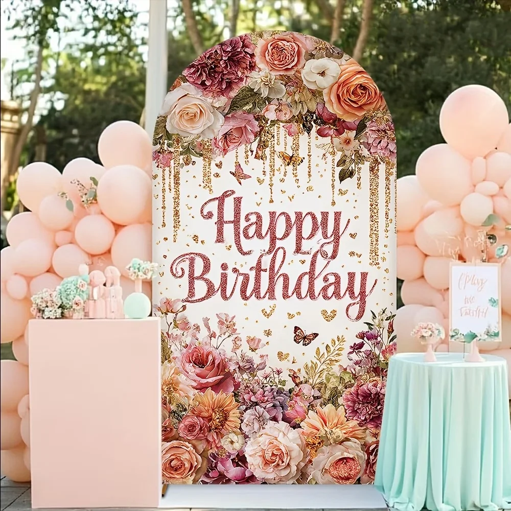 Floral Happy Birthday Arch Photo Background for Adult Blush Roses Flowers Butterflies Golden Tassel Backdrop 2-sided Party Decor