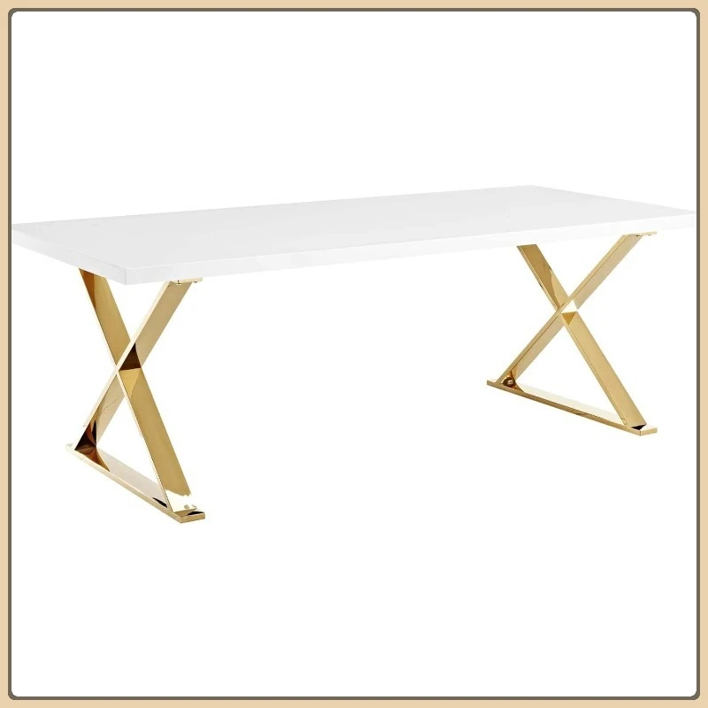 طاولة طعام حديثة مقاس 87 بوصة مع قاعدة X ذهبية، لمسة نهائية من الذهب الأبيض، تصميم معاصر #1