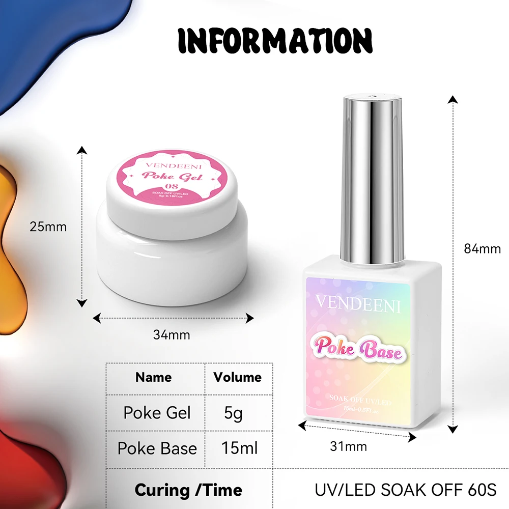 ยาทาเล็บเจล Vendeeni 12 สี แบบโปเกโปเก ปราศจากสาร TPO และ HEMA แบบ UV ล้างออกได้  เนื้อเจลแบบลูกคลื่น  สำหรับตกแต่งเล็บลายลูกไม้  แบบทาเพ้นท์