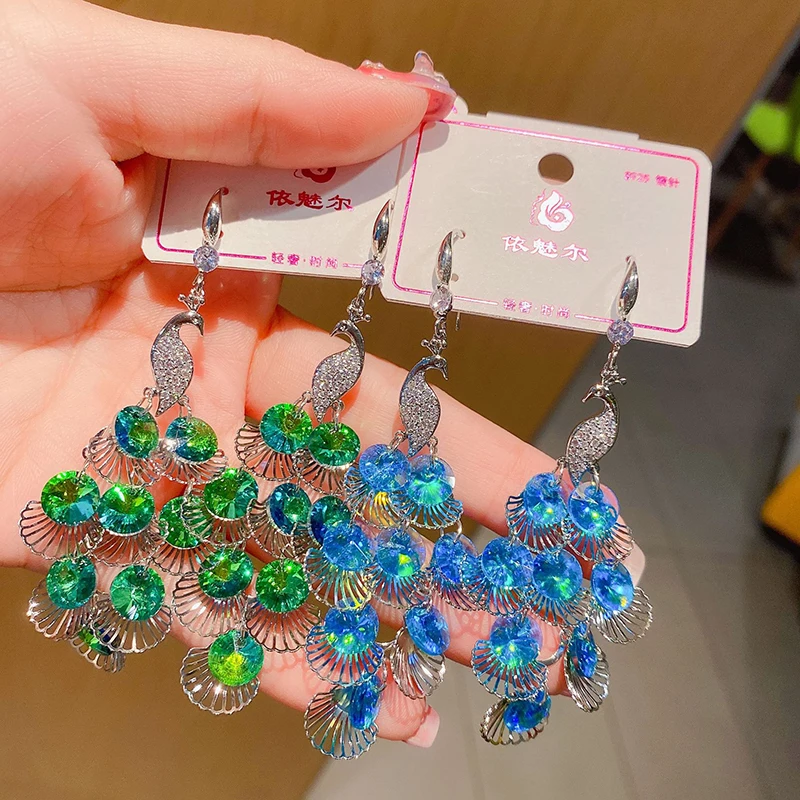 2024 New Bohomia Fashion Shiny Green Crystal Peacock Earrings for Women Trend Unusual Earring Wedding Banquet Party Jewelry Gift