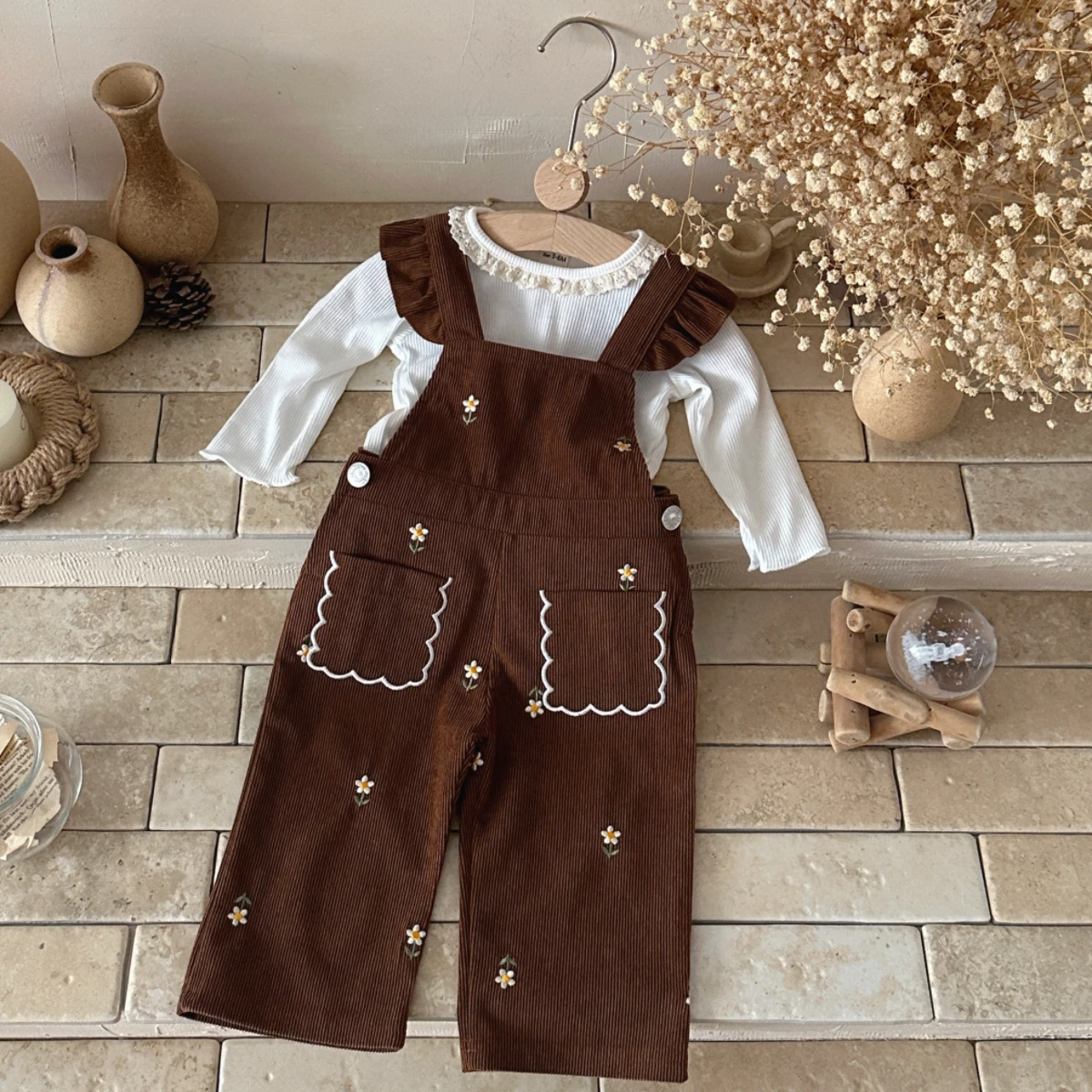 Pastoral Girls Ruffle Collar Floral Shirt,Baby Brown Corduroy Flower Embroidered Overalls Casual 2Pcs Outfit