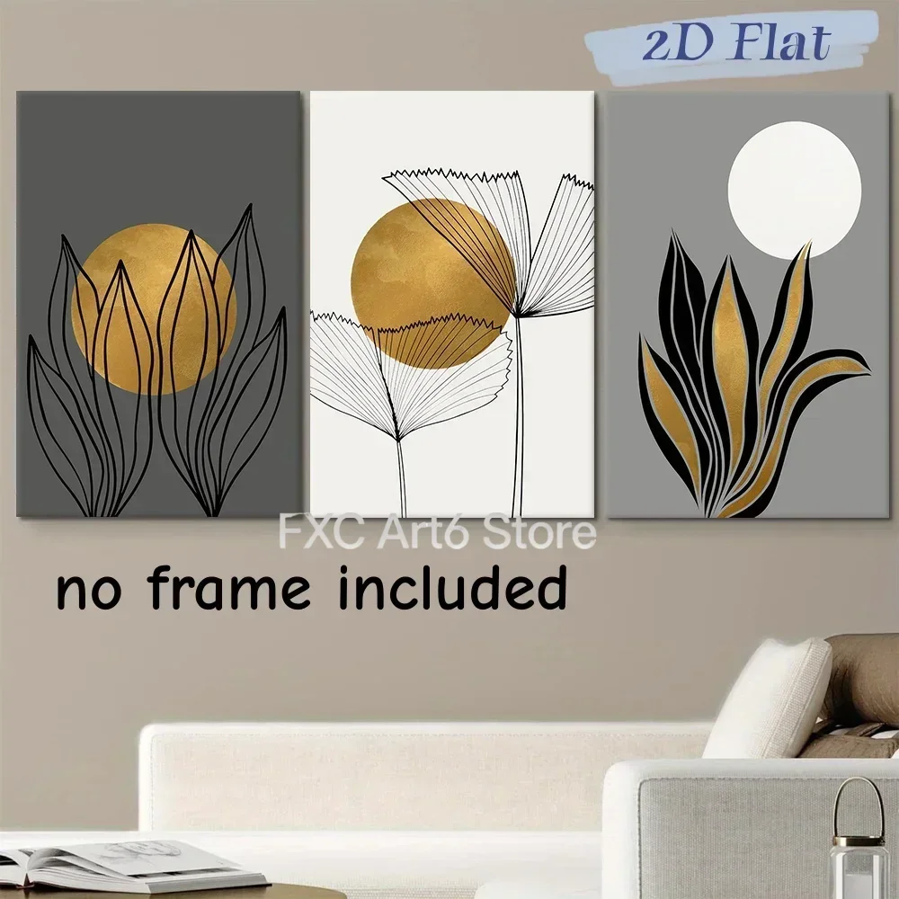 3PCS frameless Multi-size   high-definition decorative paintings,3-piece modern minimalist golden moon abstract line canvas pain
