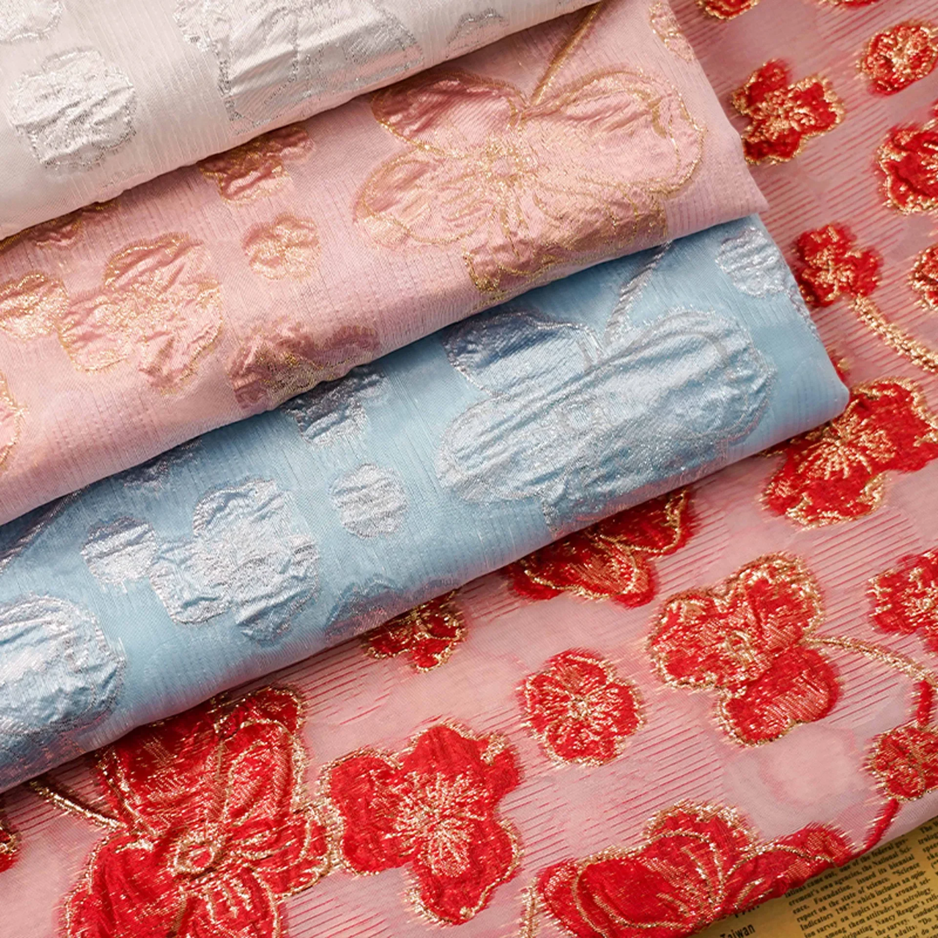 Relief Flower Gold Silk Micro Transparent Jacquard Fabric Fashion Dress Costume Luggage Bag
