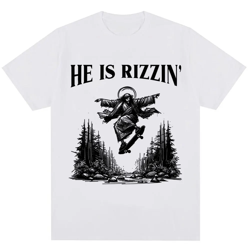 Vintage Funny He Is Rizzin Meme T Shirt Jesus Skateboarding T Shirts Men Women Christian Religious Loose Cotton Tee Shirts Gifts