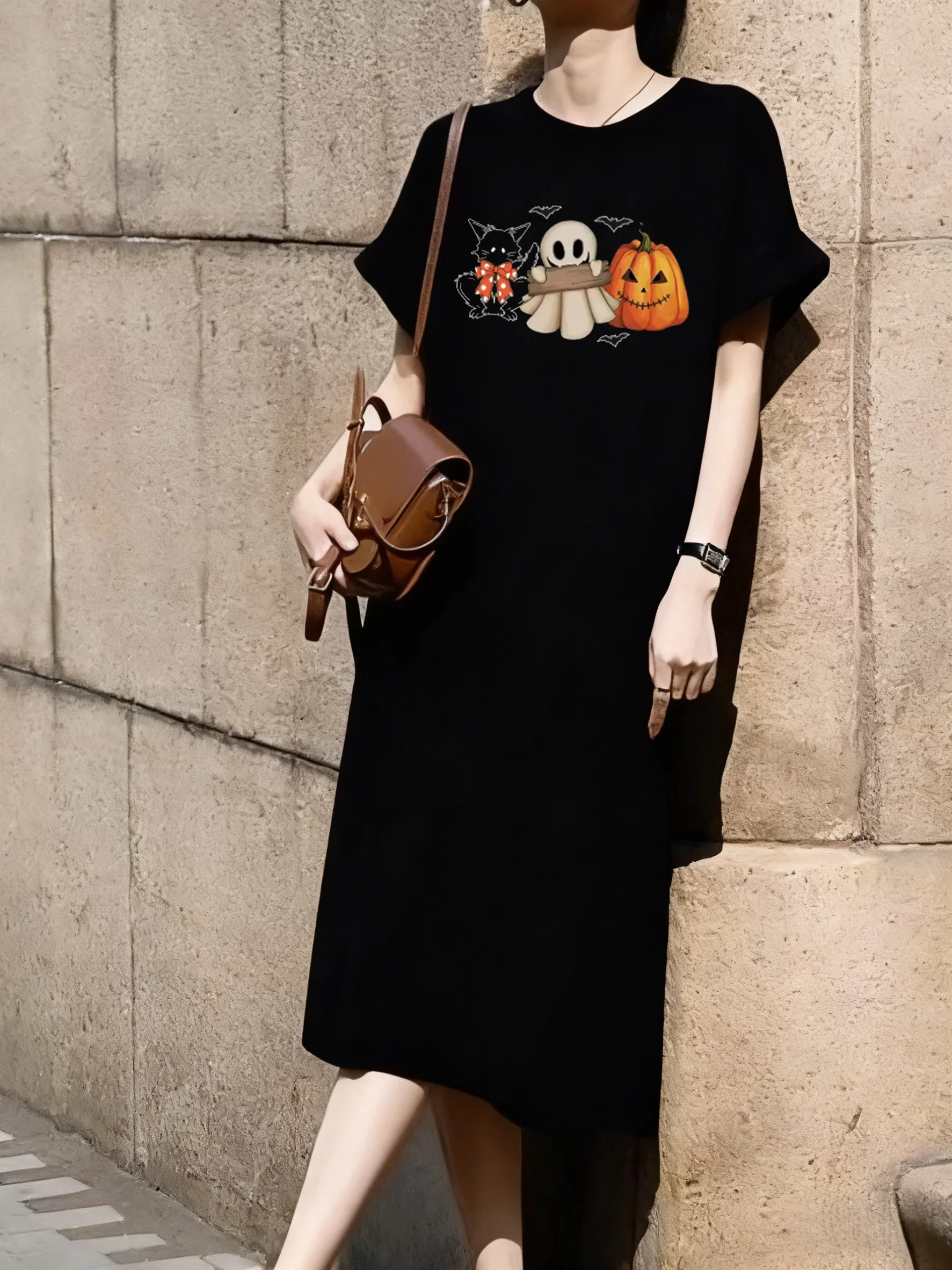 

Halloween Black Cat Pumpkin Print Single-sided Print Short Sleeved Dress Mid Length Over Knee Dress Leisure Women's Long Tees