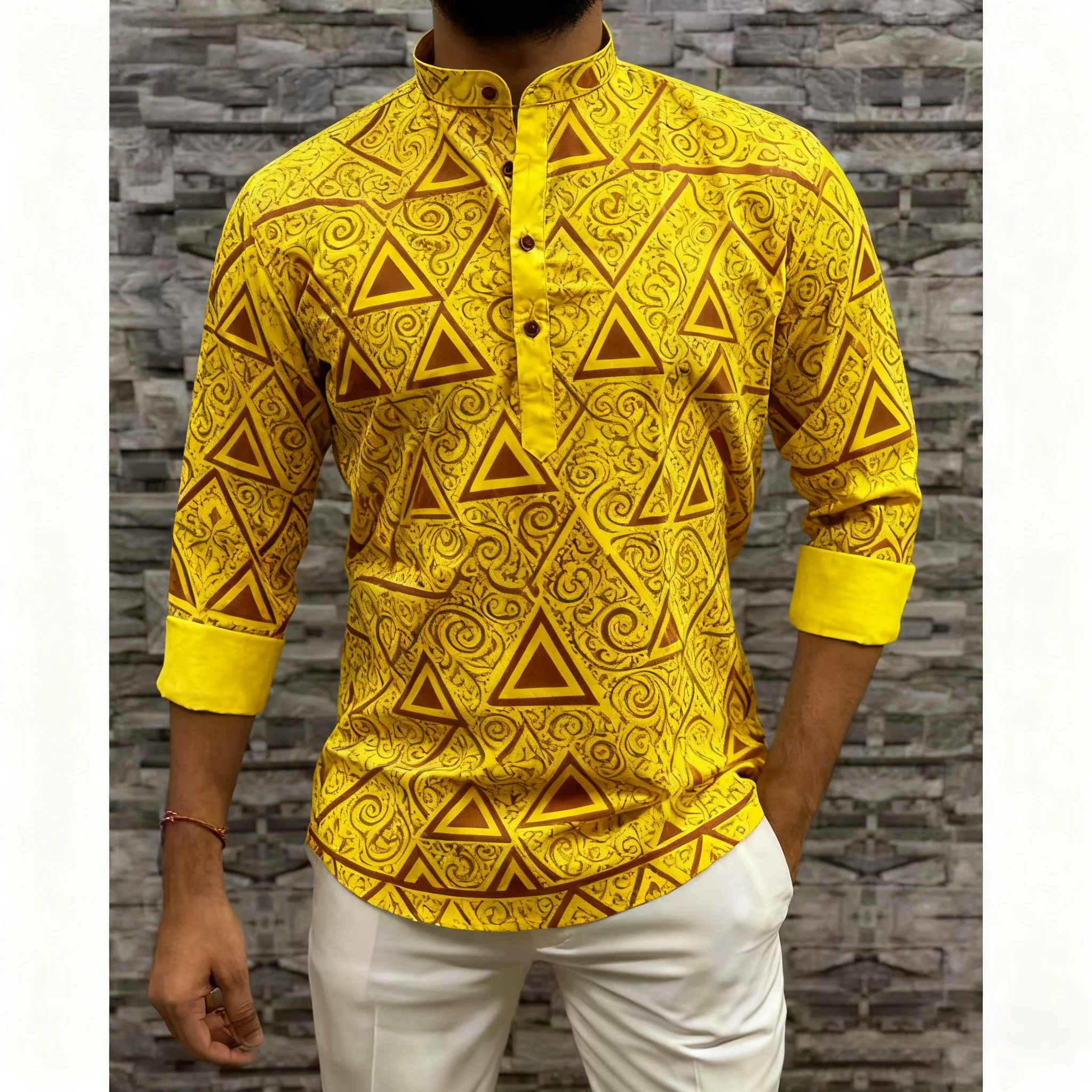 قميص رجالي مسلم بسيط قميص غير رسمي نمط الطباعة العرقية قميص طويل الأكمام الوقوف طوق البرق رقيقة الملابس الإسلامية رجل