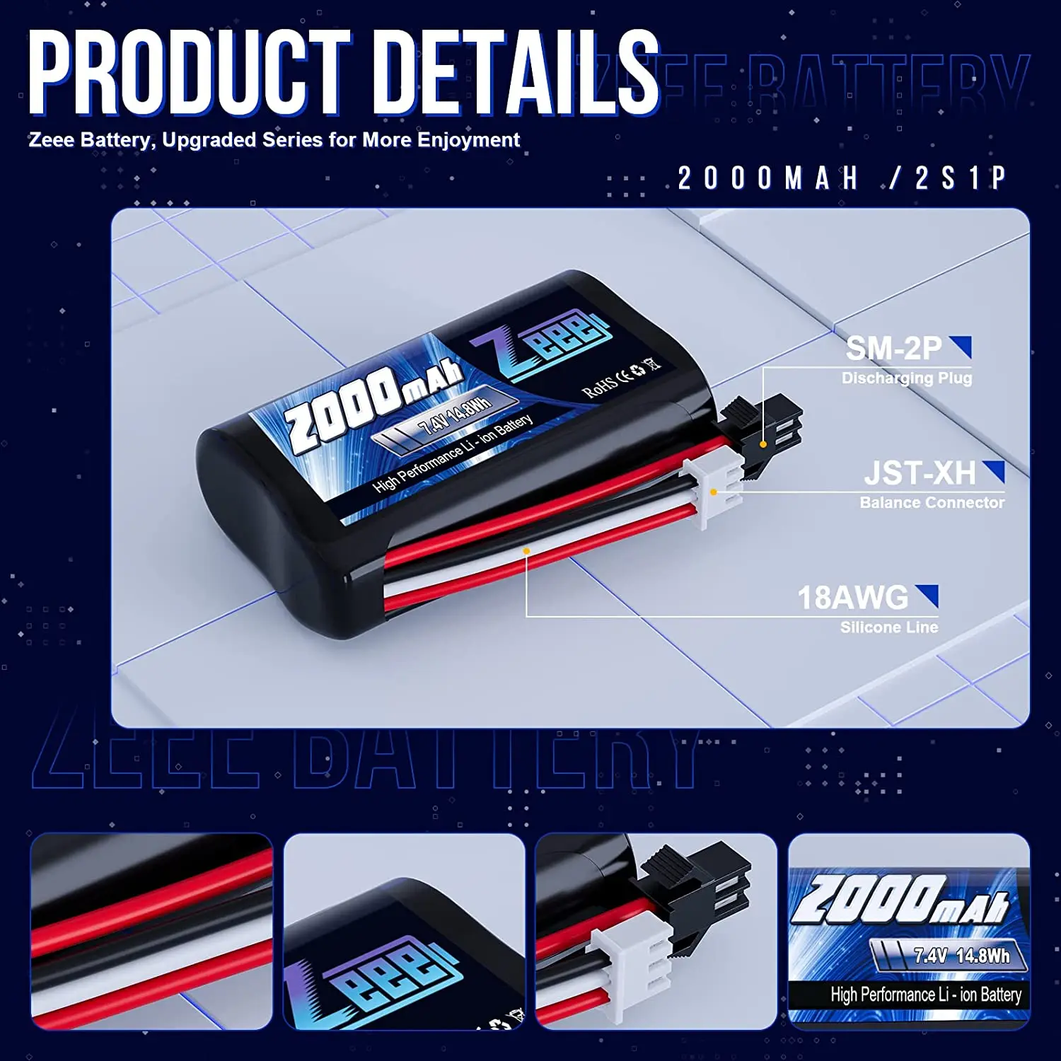 Zeee-2S Bateria Li-ion, 7.4V, 2000mAh Bateria, Conector SM 2P, 2 Carregador USB para Carros RC, Caminhões, Peças FPV Corrida Hobby, 2 Unidades