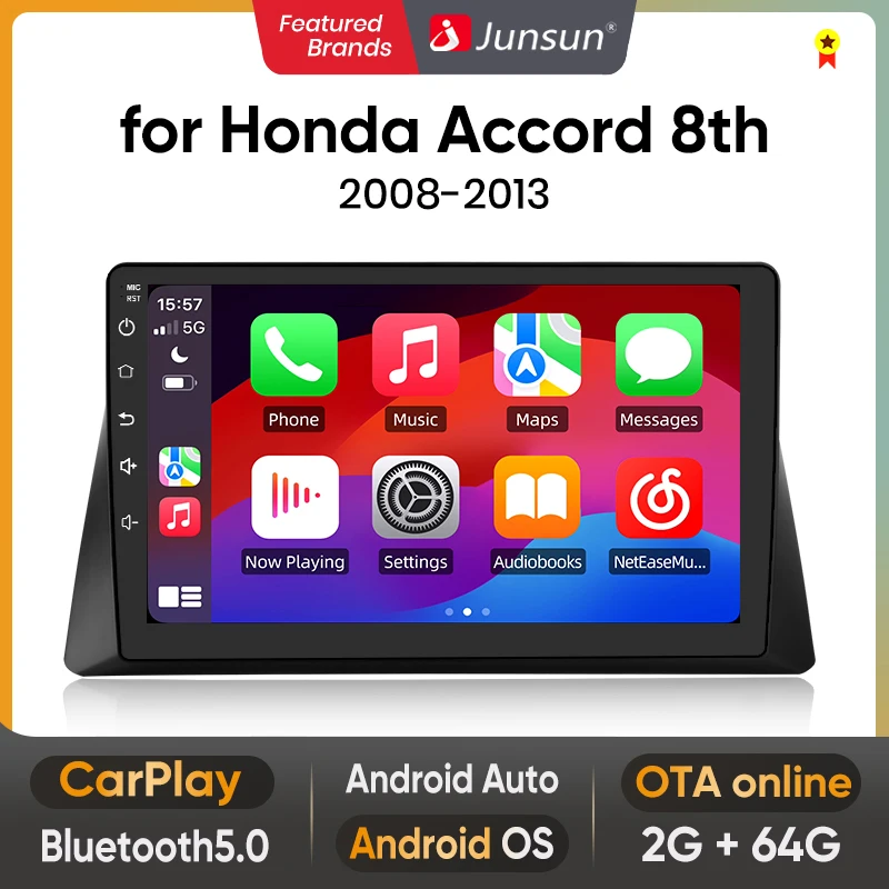 Junsun Wireless Carplay Android Auto Android 15 Car Multimedia Touch Screen Head Unit for Honda Accord 8th  2008 2009 2010 2011 2012 2013 GPS Radio Bluetooth 5.0 4G LTE 5G WiFi Smart Voice Control Stereo Receiver