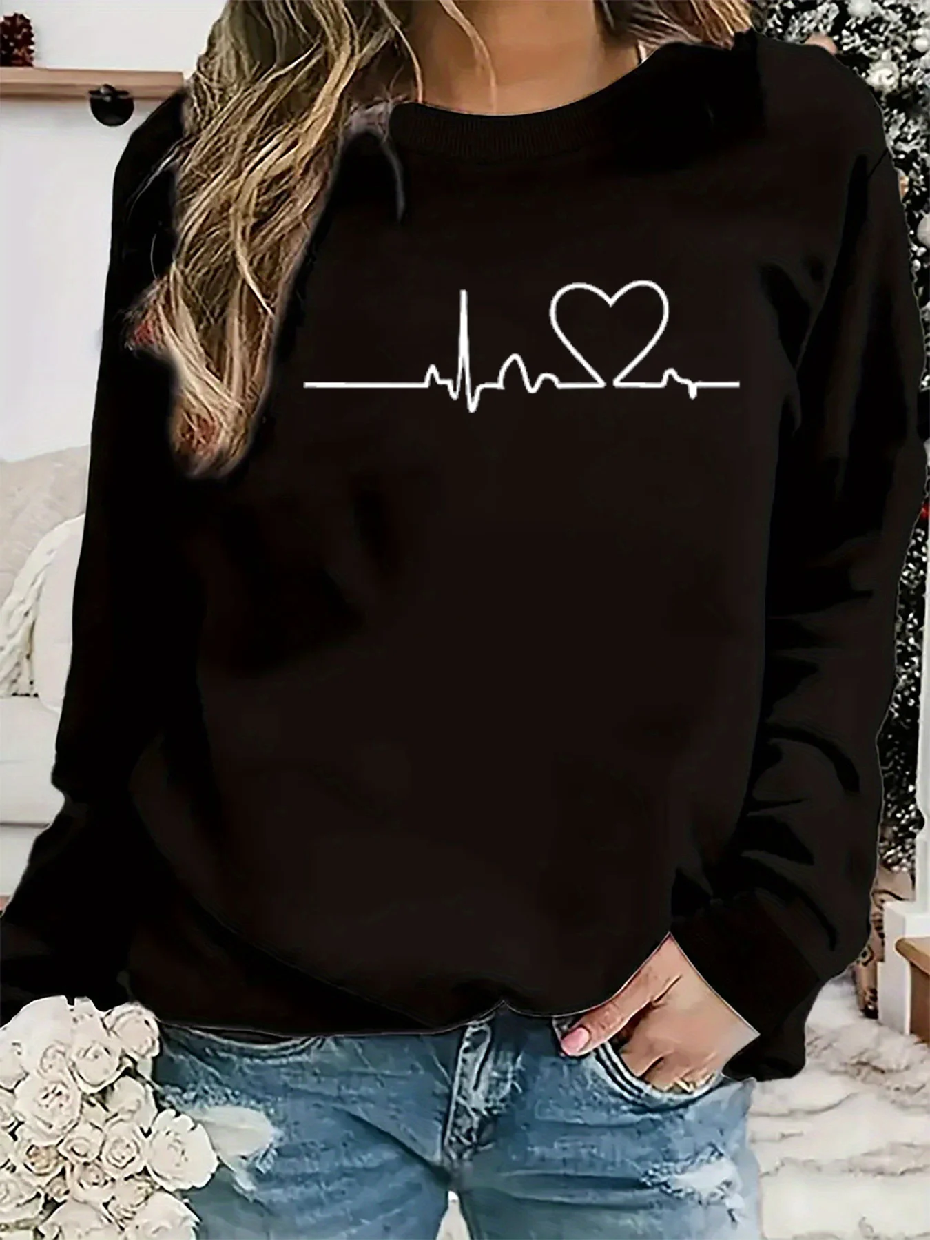 Women's autumn and winter casual loose and comfortable warm electrocardiogram graphic printed round neck long sleeved pullover