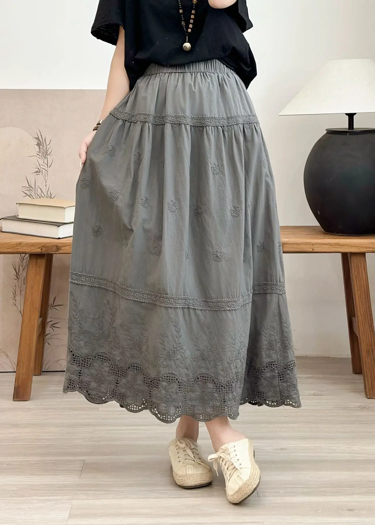 Summer New Japanese Sweet Mori Girl Embroidery Hollow Out Skirts Women Solid Color Elastic Waist Casual Loose A-Line Skirts