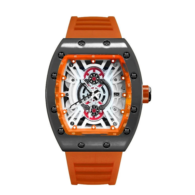 ساعة UTHAI للرجال ماركة متقدمة أوتوماتيكية بالكامل كوارتز ساعة يد مجوفة مقاومة للماء من السيليكون Tonneau ساعات على الموضة