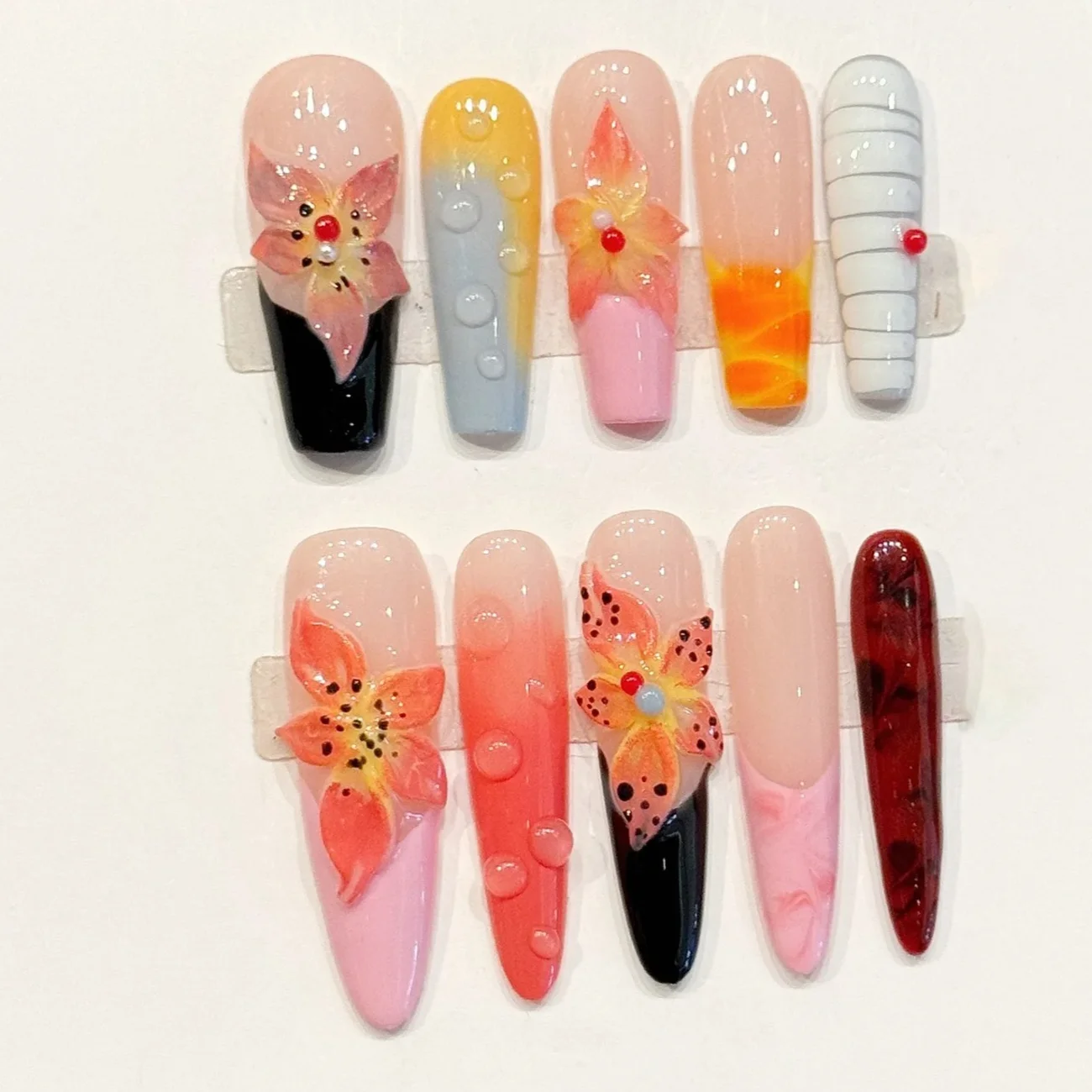 

10 шт. накладных ногтей ручной работы с 3D-цветами в виде капель воды, градиентные, в стиле Sweet Spicy Girls Island, для маникюра