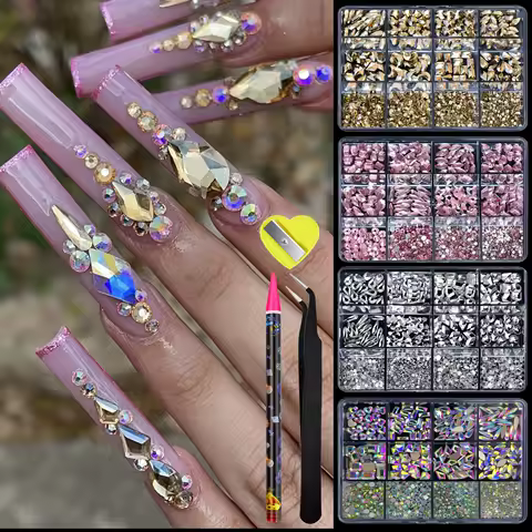 12 Grid AB Pink Rhinestone Nail Art Set Flatback and Assorted Shapes Nail Decorations Sparkling Nail Accessories for Manicure