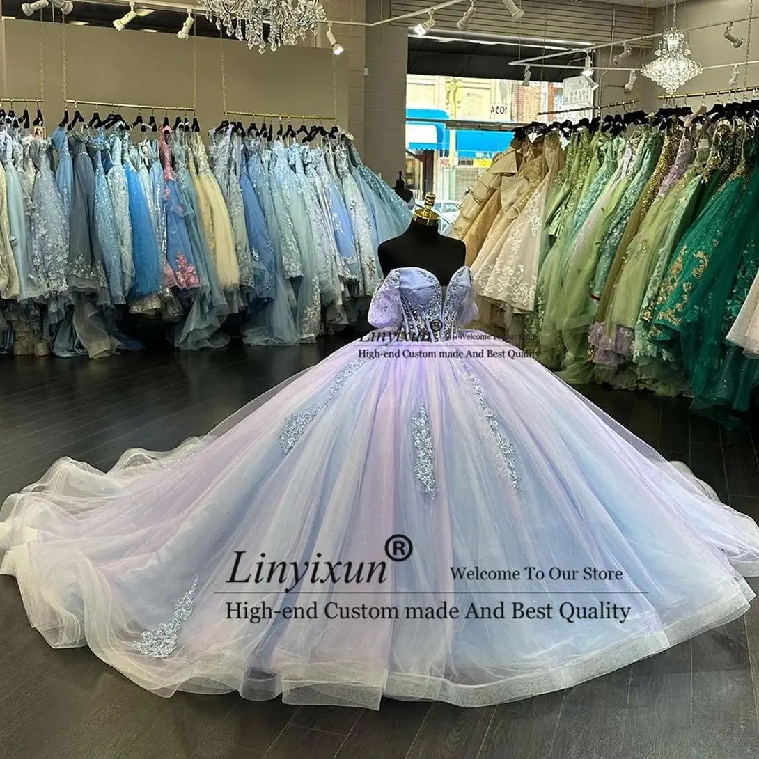 

Sweet Mexican Pricess 16Ball Gown Quinceanera Dress Off Shoulder Beads Crystals Flower Lace Appliques Vestidos De 15Años Lace-Up