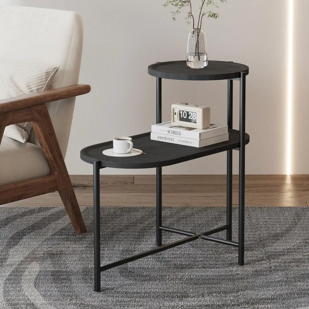 

Round Coffee Table 2 Tier Oval Storage Tray Small Side Table Modern Black Metal MDF Wood for Living Room Apartment Office