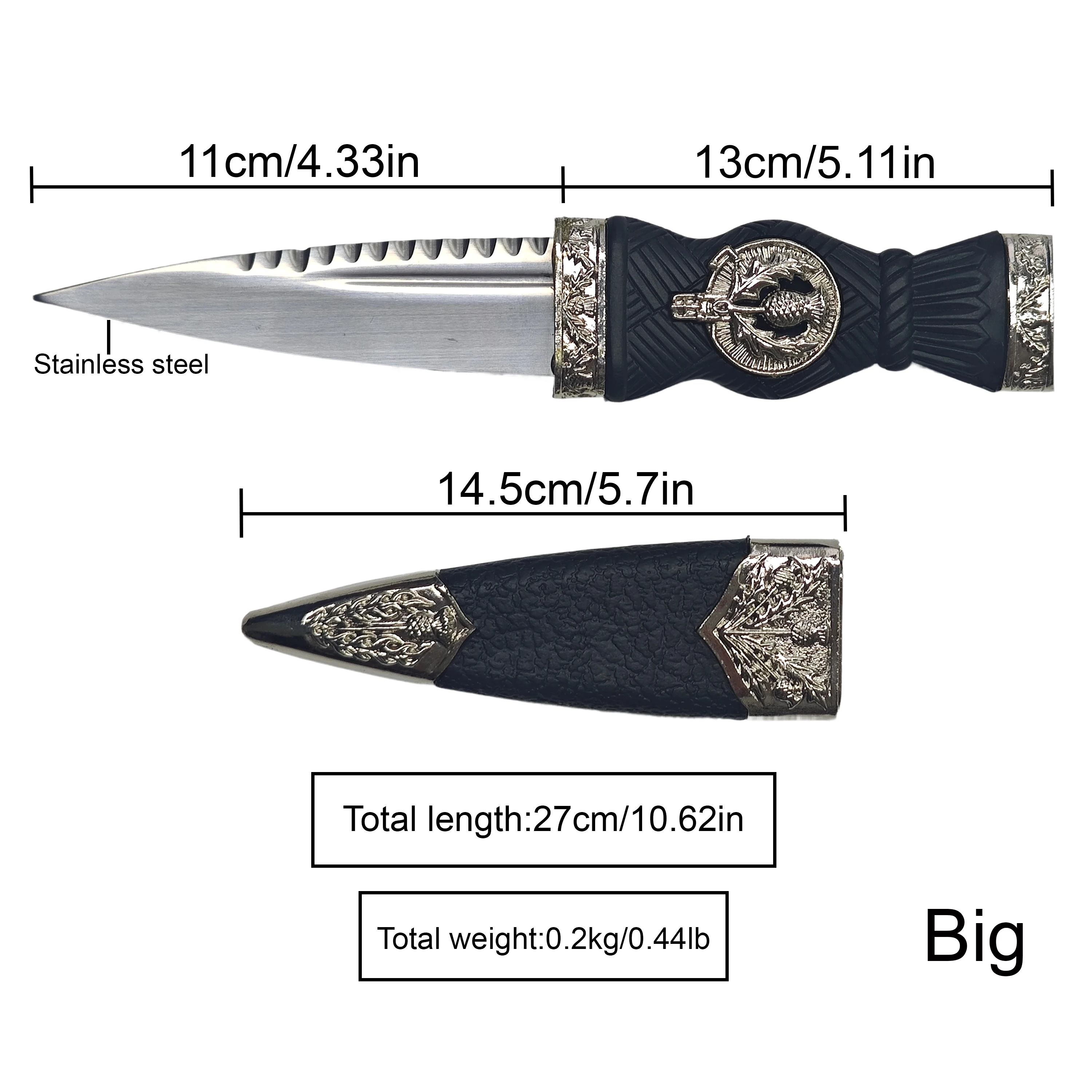 Traditional Scottish Sgian Dubh Decorative Short Sword, Thistle Emblem Ornament with Sheath, Kilt Accessory Collectible Gift