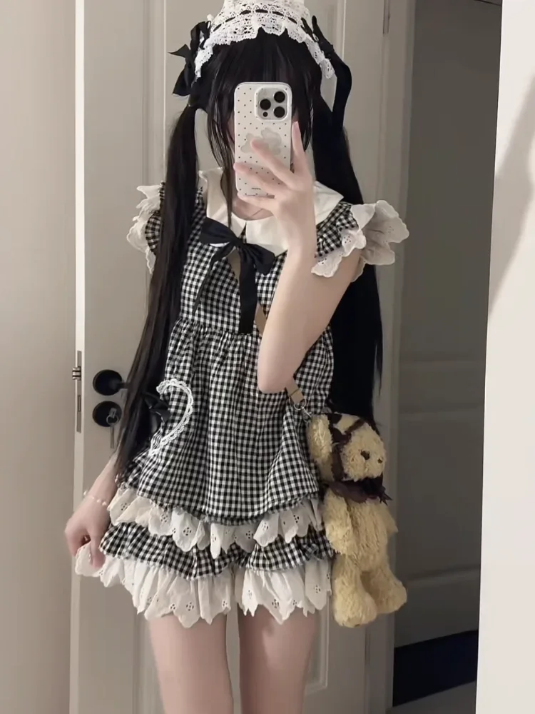 

Y2k Kawaii Винтажная рубашка в клетку с кукольным вырезом в стиле Лолиты для девочек, рубашка с летящими рукавами и высокой талией, кружевная пышная юбка, комплект из двух предметов для женщин