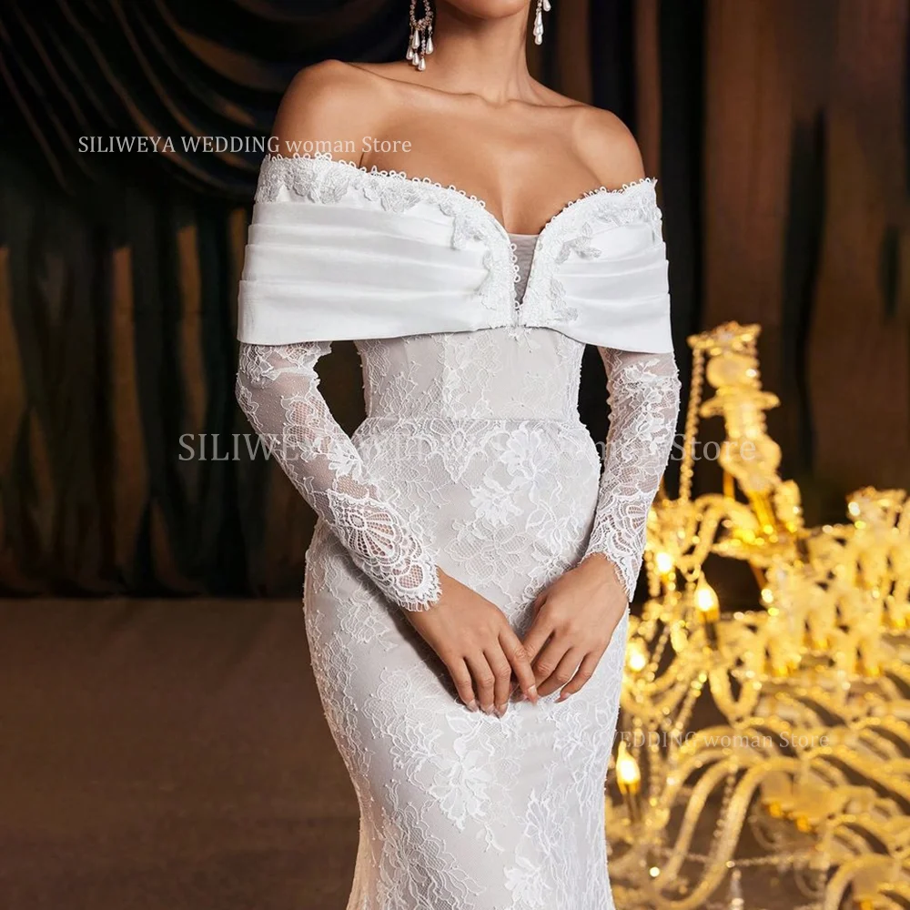 Vestidos de novia de encaje blanco para mujer, elegante, con hombros descubiertos, mangas completas, largo hasta el suelo, falda de sirena, vestido de compromiso de boda para novia