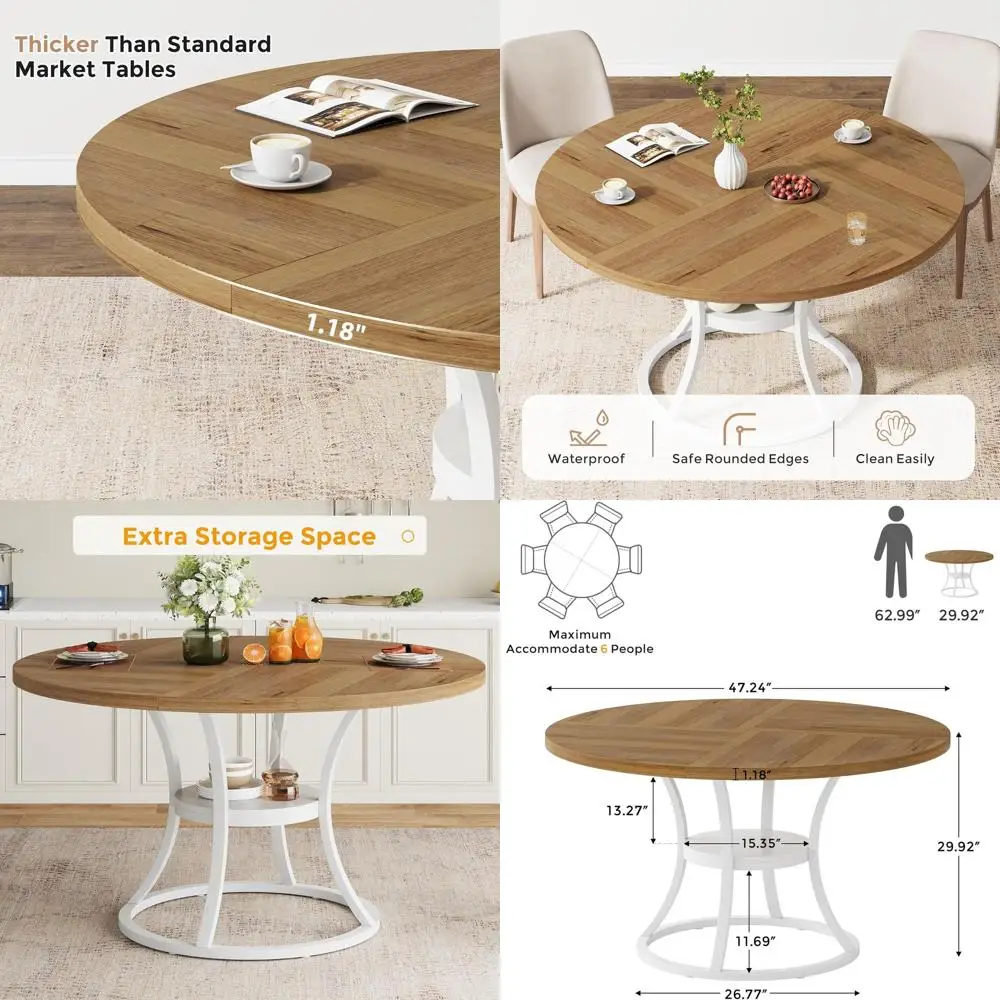 Space-Saving 47 Round Dining Table With Storage, Light Brow…