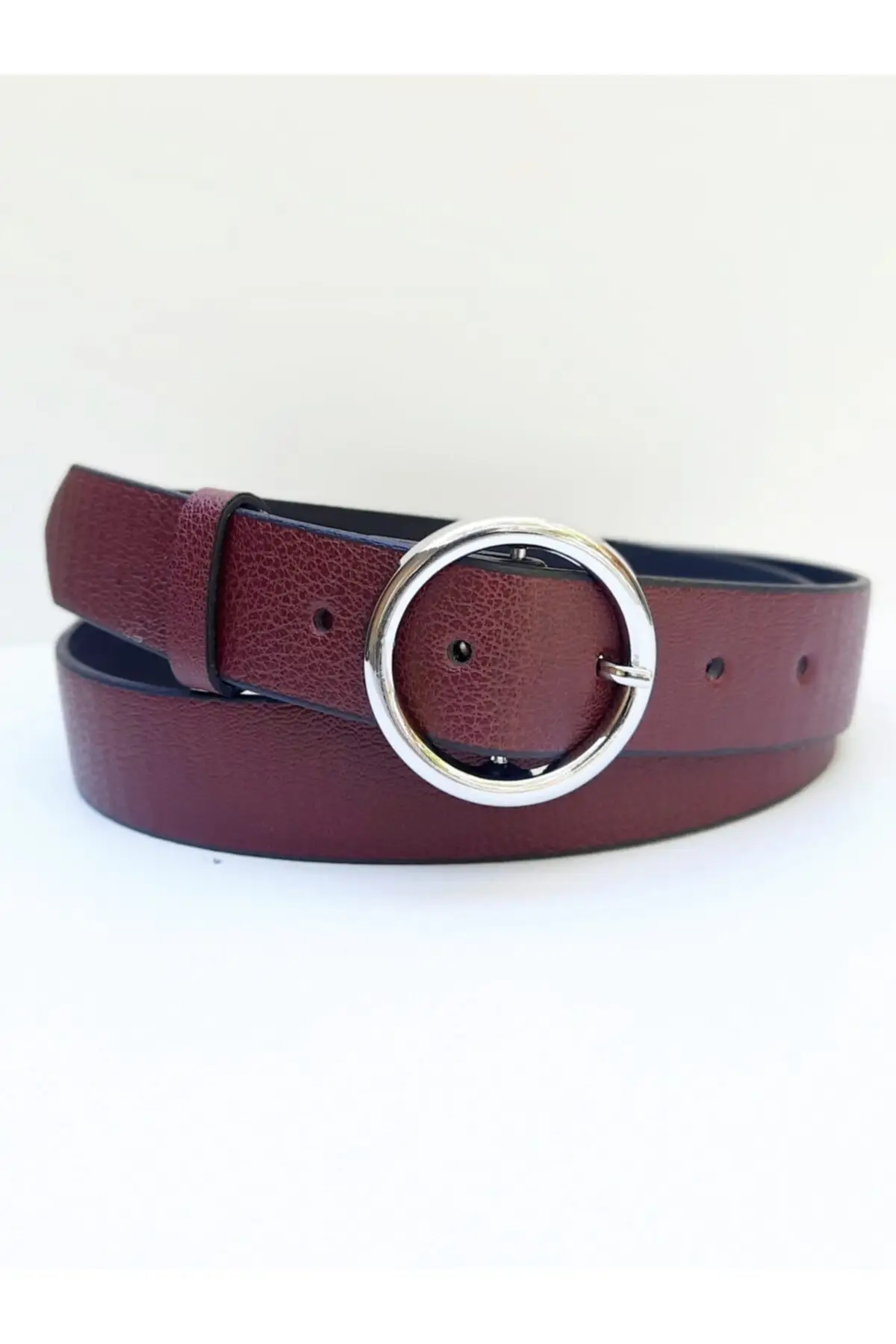 

Women Burgundy Silver Ring Buckled Belt Special Ring Buckle Closure Modern Female Trousers Belt