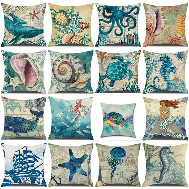 

Sea Turtle Nautical Mermaid Pattern Cotton Linen Throw Pillow Cushion Cover Car Home Decoration Sofa Decorative Pillowcase 40018