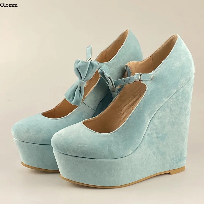 

Olomm 2021 Handmade Ladies Spring Pumps High Quality Wedges High Heels Round Toe Sky-Blue Party Shoes Women US Plus Size 5-20