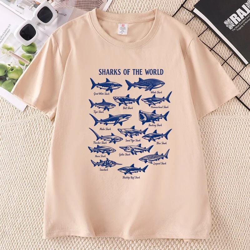 Vintage Sharks of The World T Shirt Ocean Nature Graphic Tee Cotton Short Sleeve Printed T-shirts Casual Woman Clothes Tops