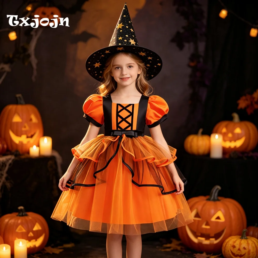 Halloween Girl's Dress with Free Hat 3-14 Years Old Girl's Layered Fluffy Dress Puff Sleeve Mesh Dress Performance Dress